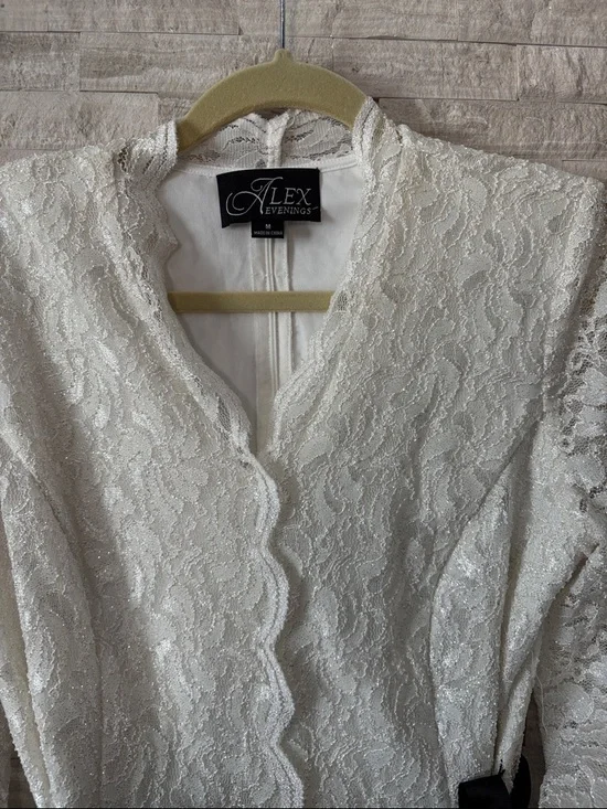 Alex Evenings Cream Lace Peplum Blouse with Black Ribbon - Picture 3 of 11